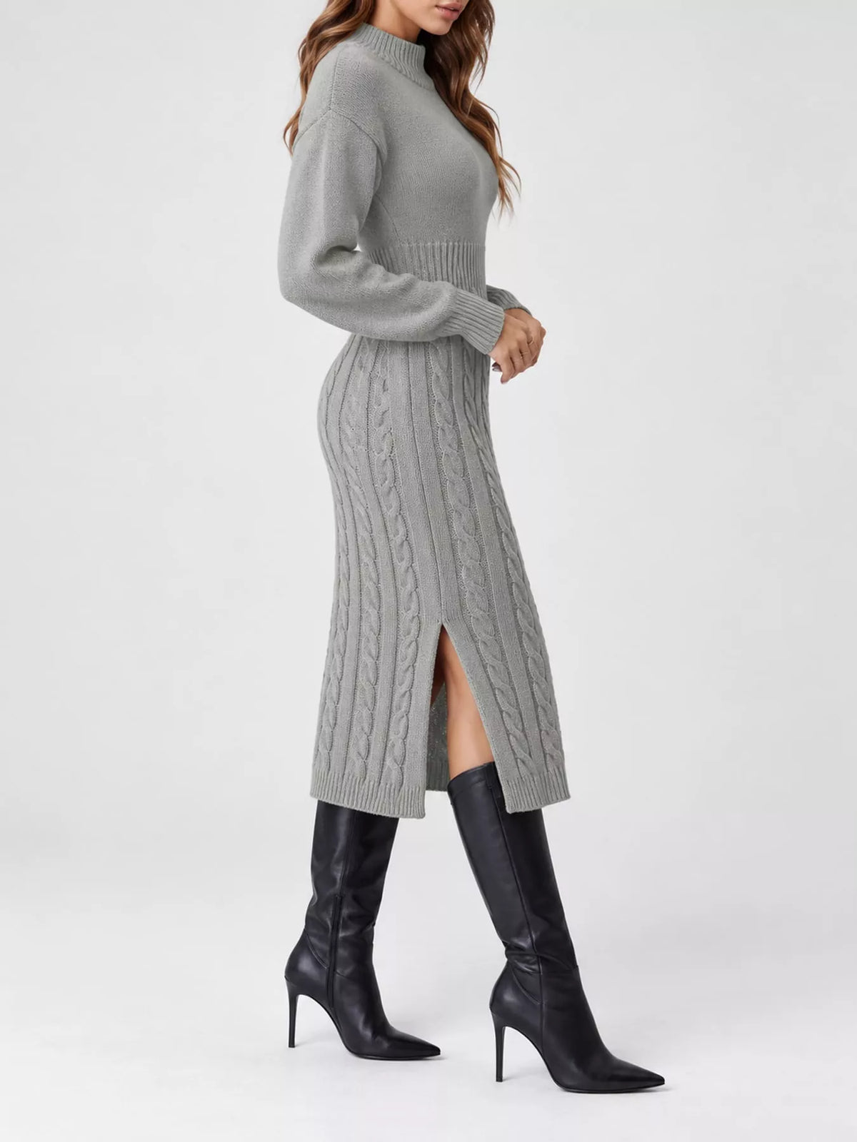 Mock Neck Cable Knit Sweater Dress with Front Slit