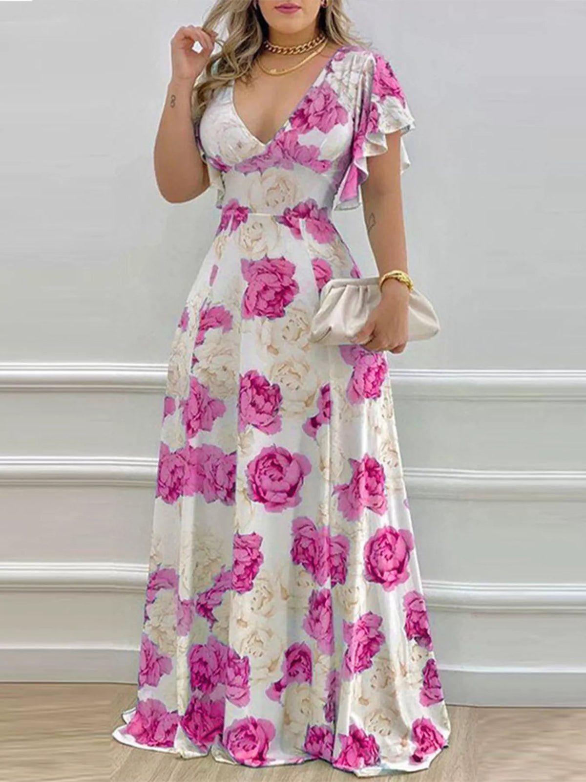 Floral V-Neck Ruffle Sleeve Maxi Dress