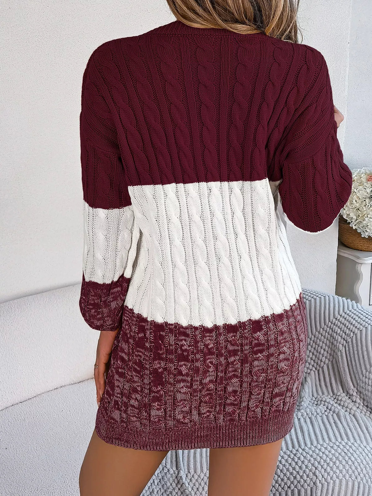 Color Block Cable Knit Sweater Dress