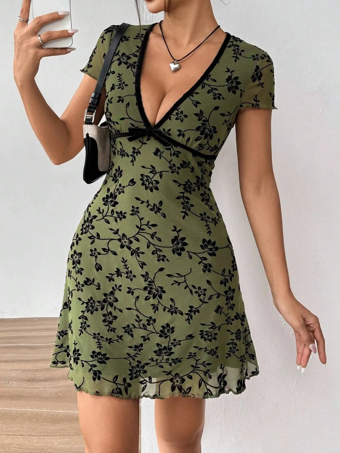 Printed V-Neck Mini Dress in Moss