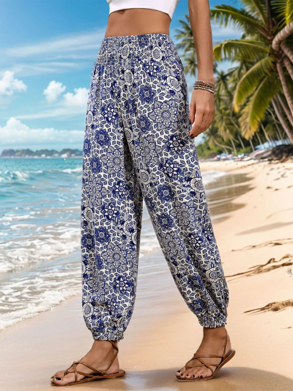 Printed Elastic Waist Pants in Dusty Blue