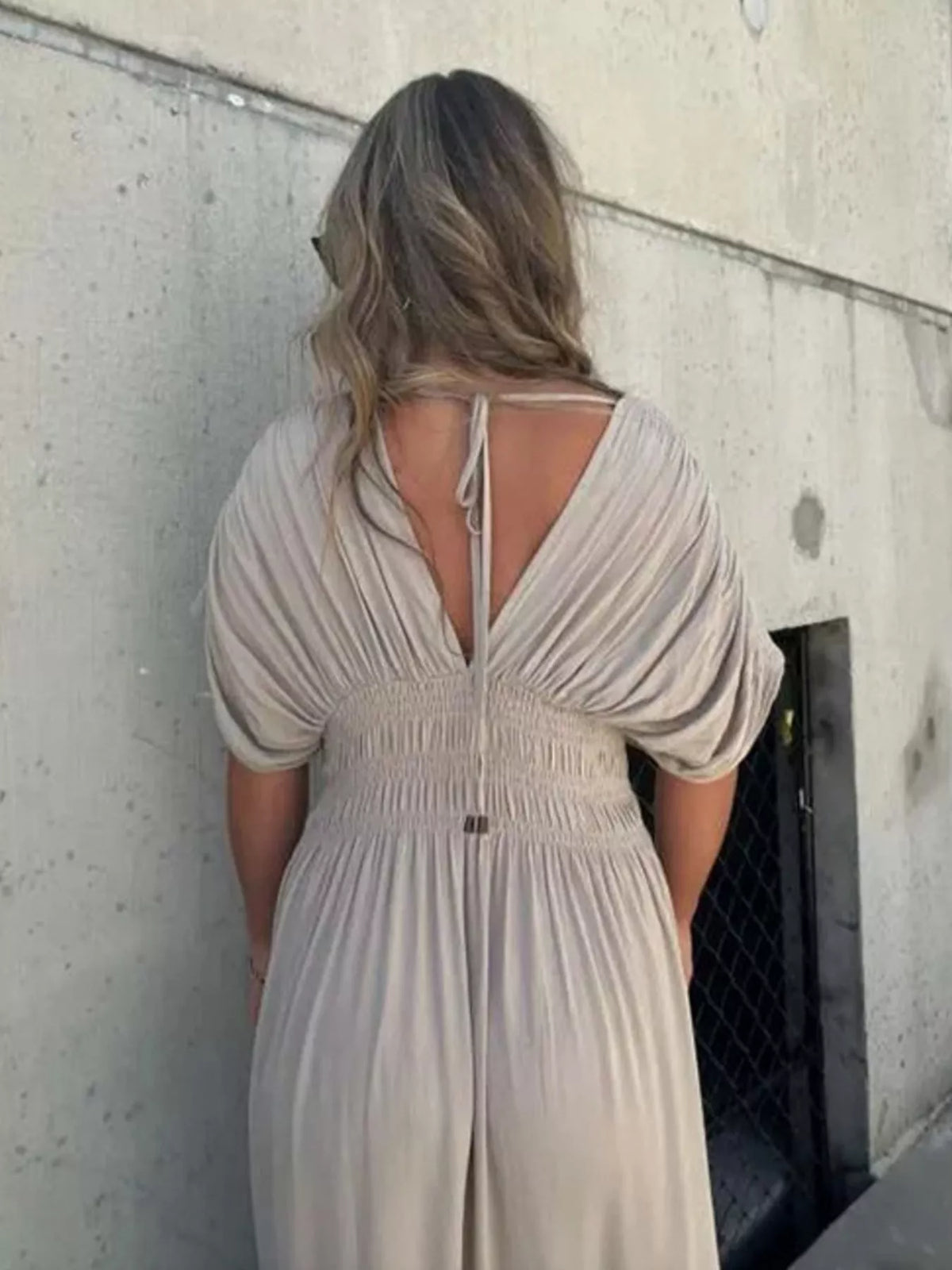 Smocked Waist V-Neck Slit Maxi Dress