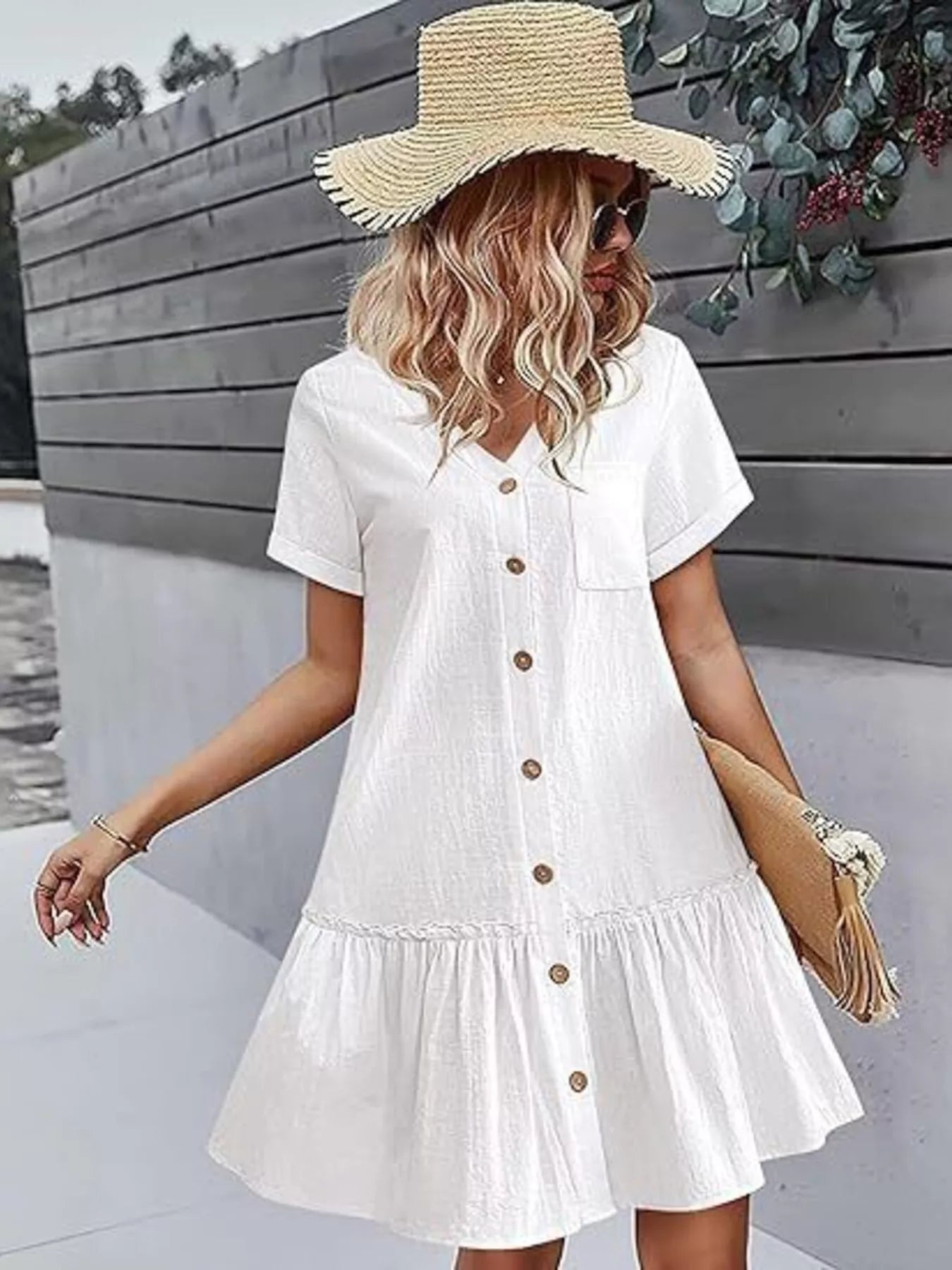 Button-Down Ruffle Hem Mini Dress