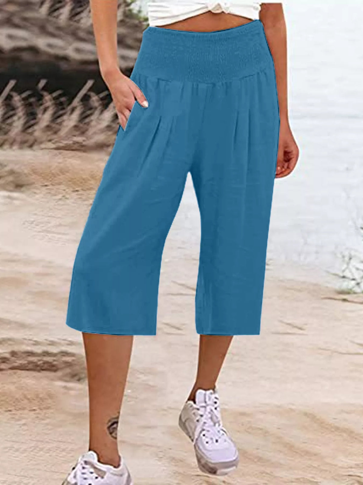 Smocked Wide-Leg Capri Pants