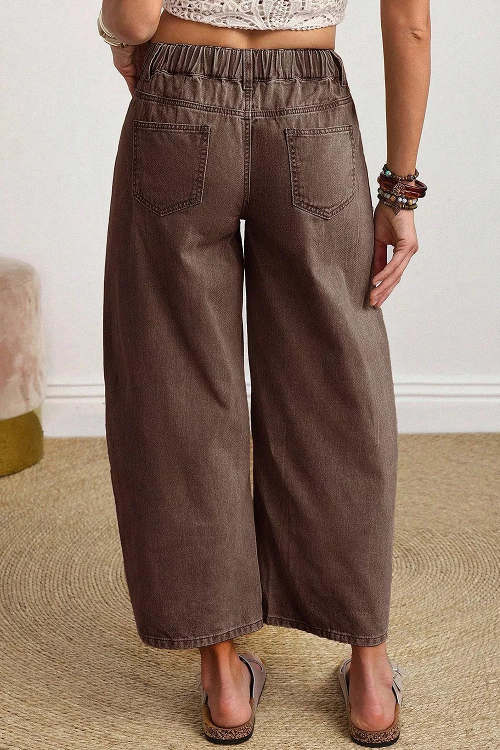 Square Patch Pocket Barrel Jeans in Coffee Brown