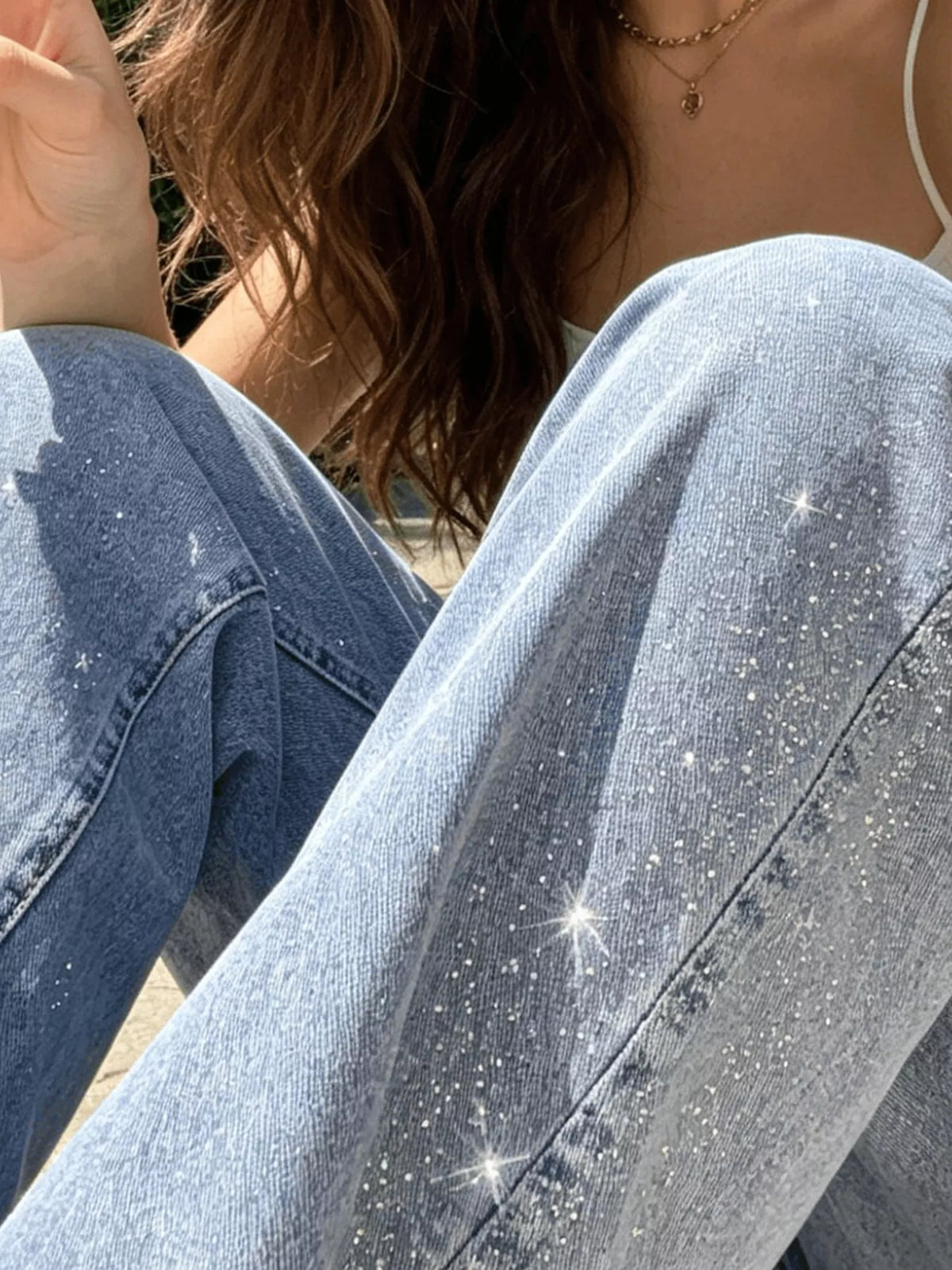 High-Waisted Acid Wash Sparkle Wide-Leg Jeans in Blue