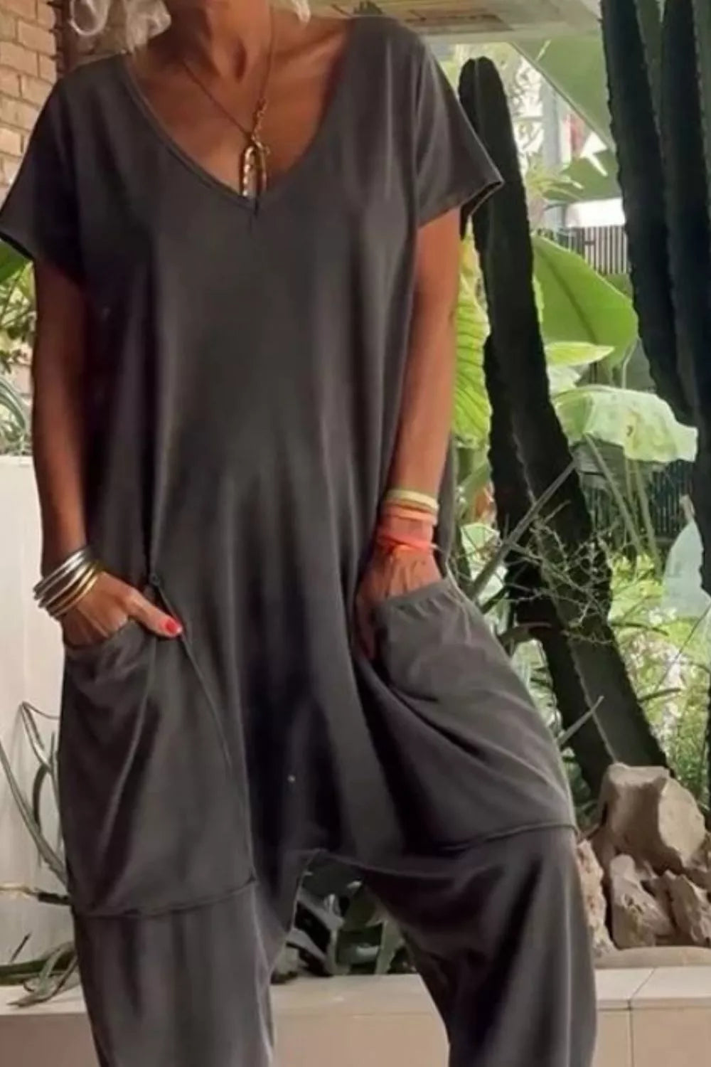 V-Neck Short Sleeve Jumpsuit with Pockets