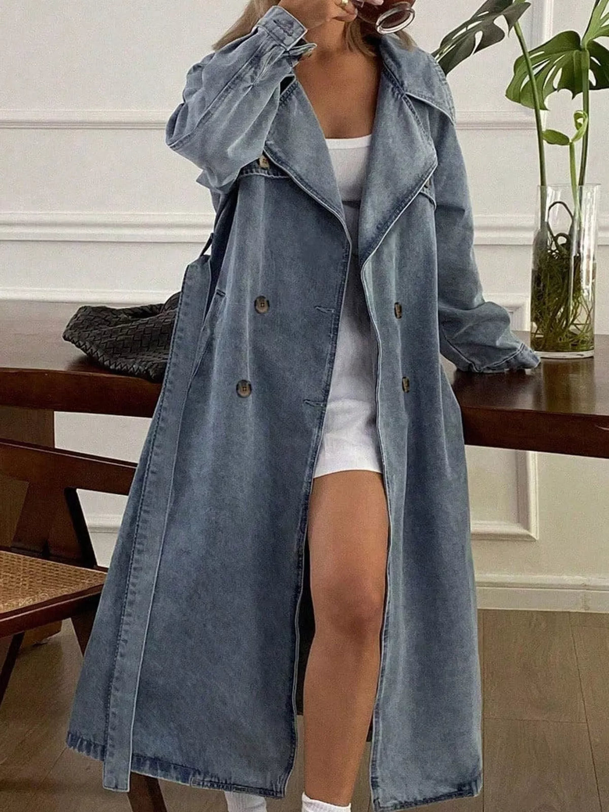 Longline Washed Denim Trench Jacket in Blue