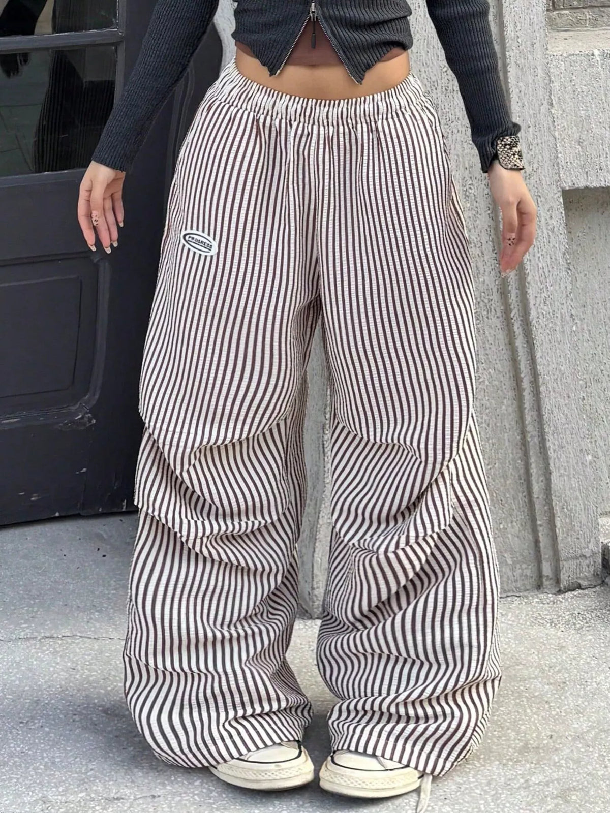 High-Waisted Striped Wide-Leg Cargo Pants in Khaki