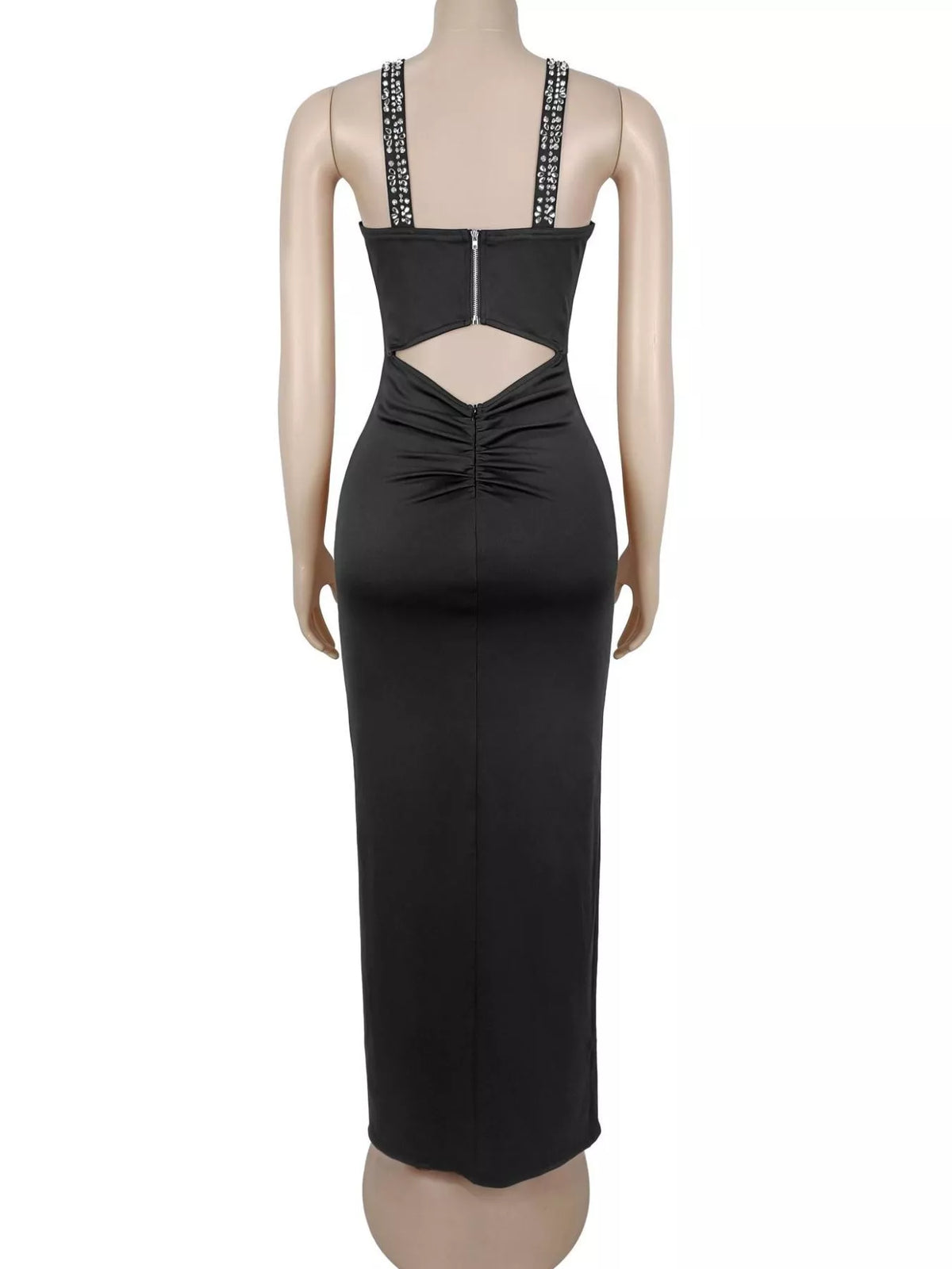 Rhinestone Cutout Back High Slit Maxi Dress in Black
