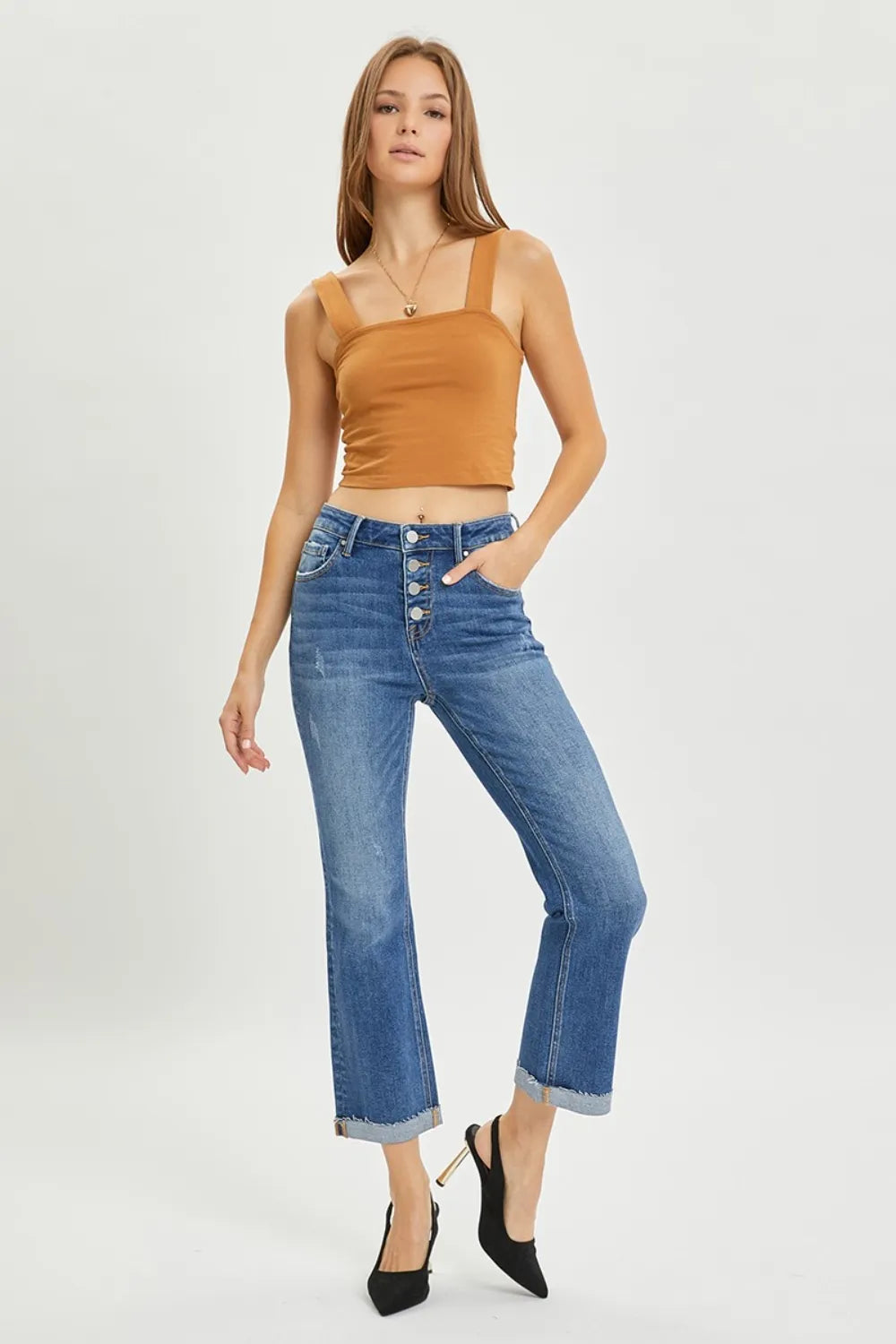 Risen Button Fly Cropped Bootcut Jeans in Dark Wash