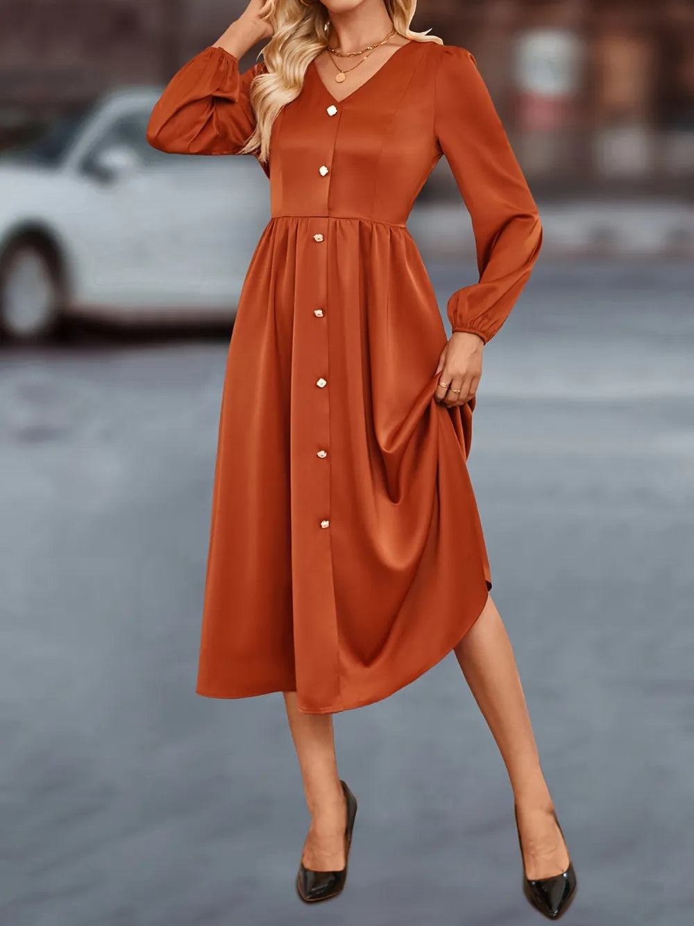V-Neck Balloon Sleeve Midi Dress in Terracotta