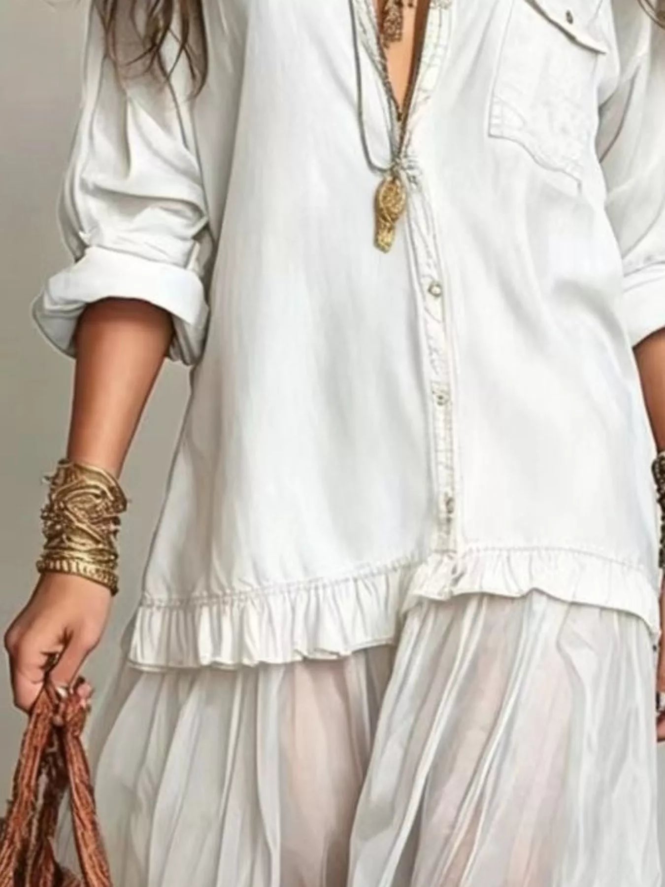 Tiered Long-Sleeve Denim Shirt Maxi Dress, Plus Size