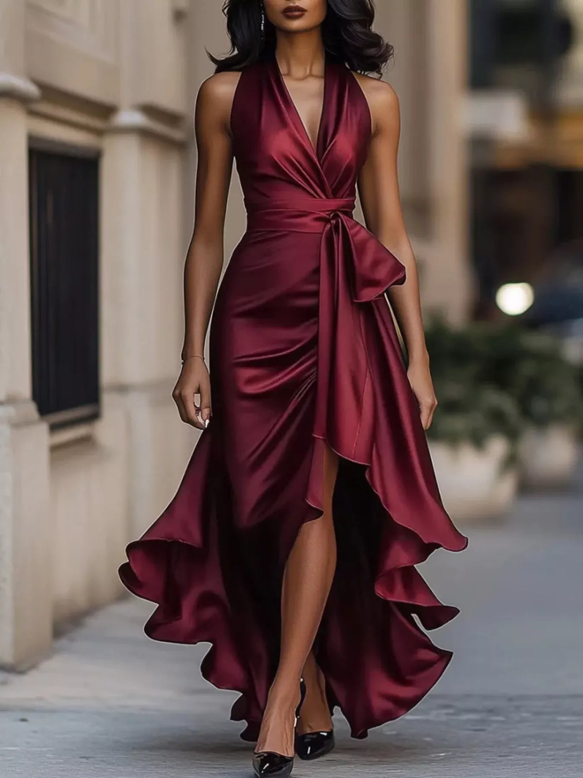 High-Low Ruffled Satin Maxi Dress