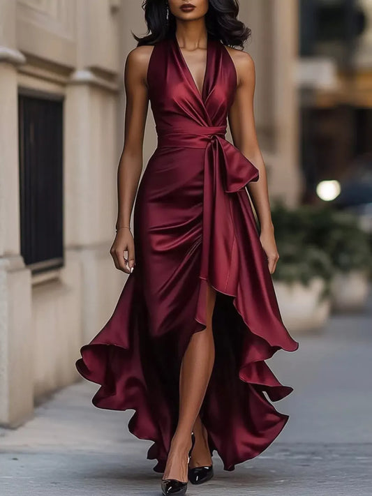 High-Low Ruffled Satin Maxi Dress