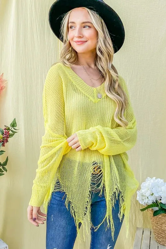 And The Why Distressed Mesh V-Neck Cover-Up in Yellow