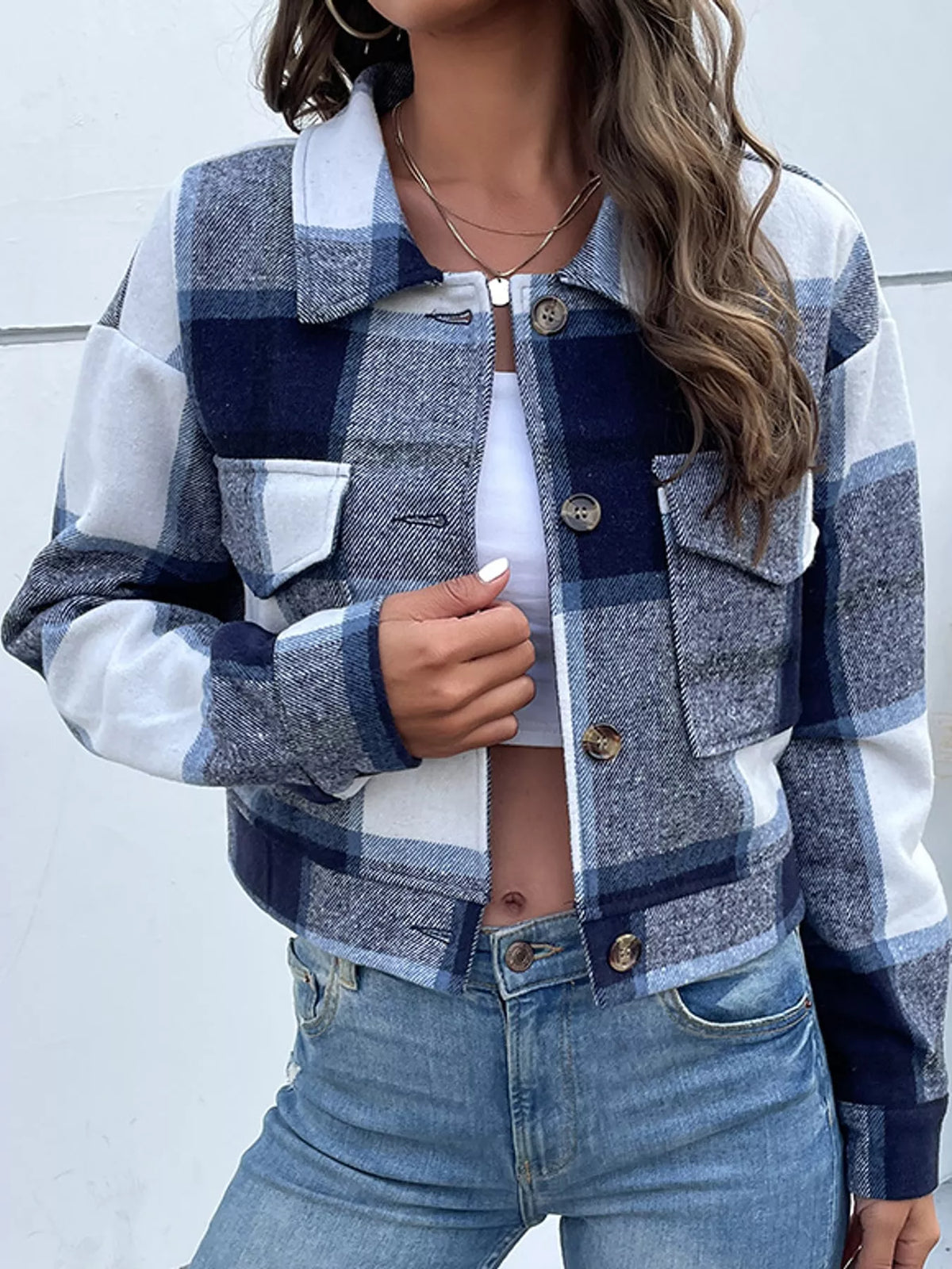 Plaid Button-Up Cropped Jacket