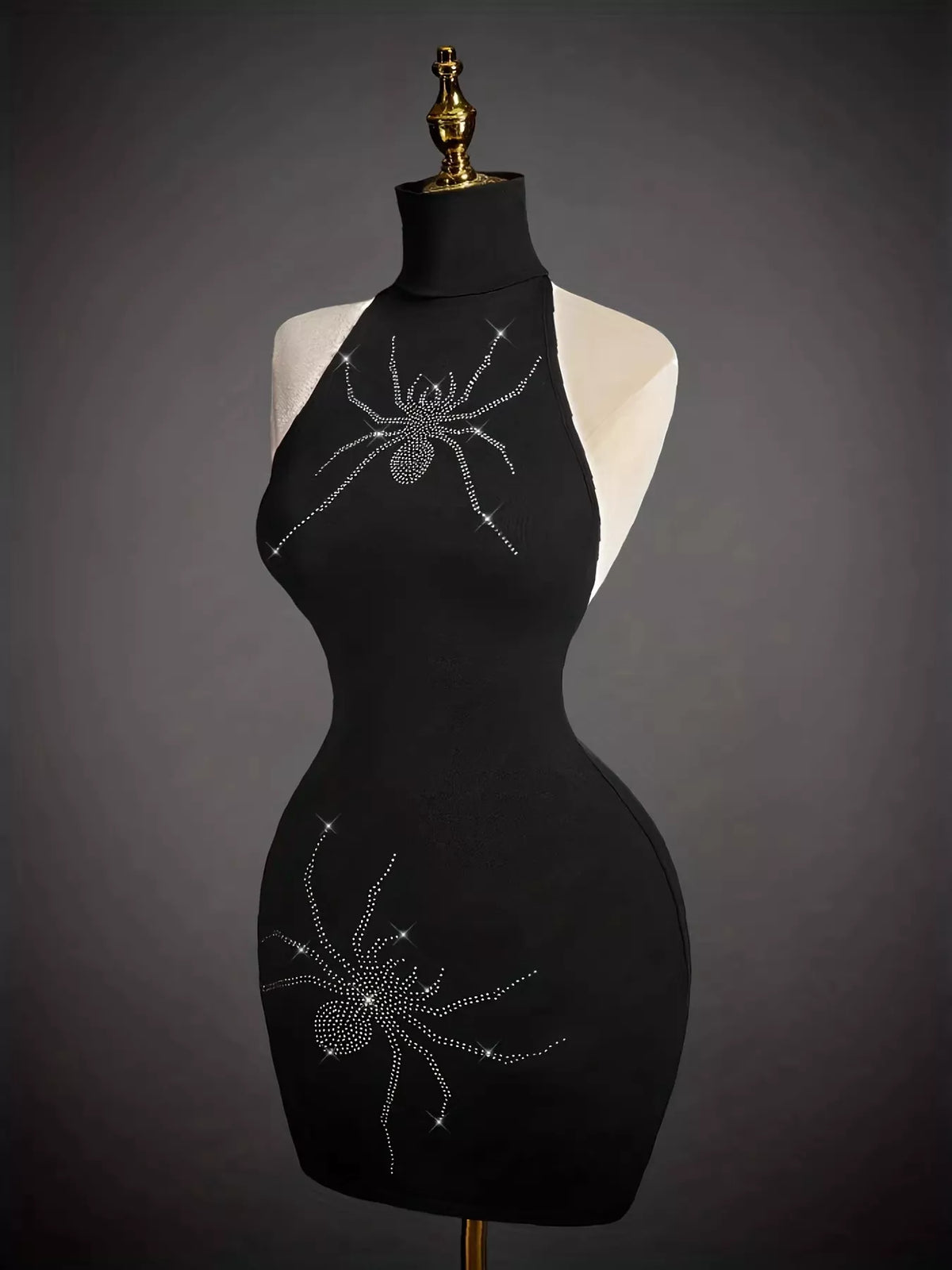 Rhinestone Spider Halter Neck Bodycon Dress in Black