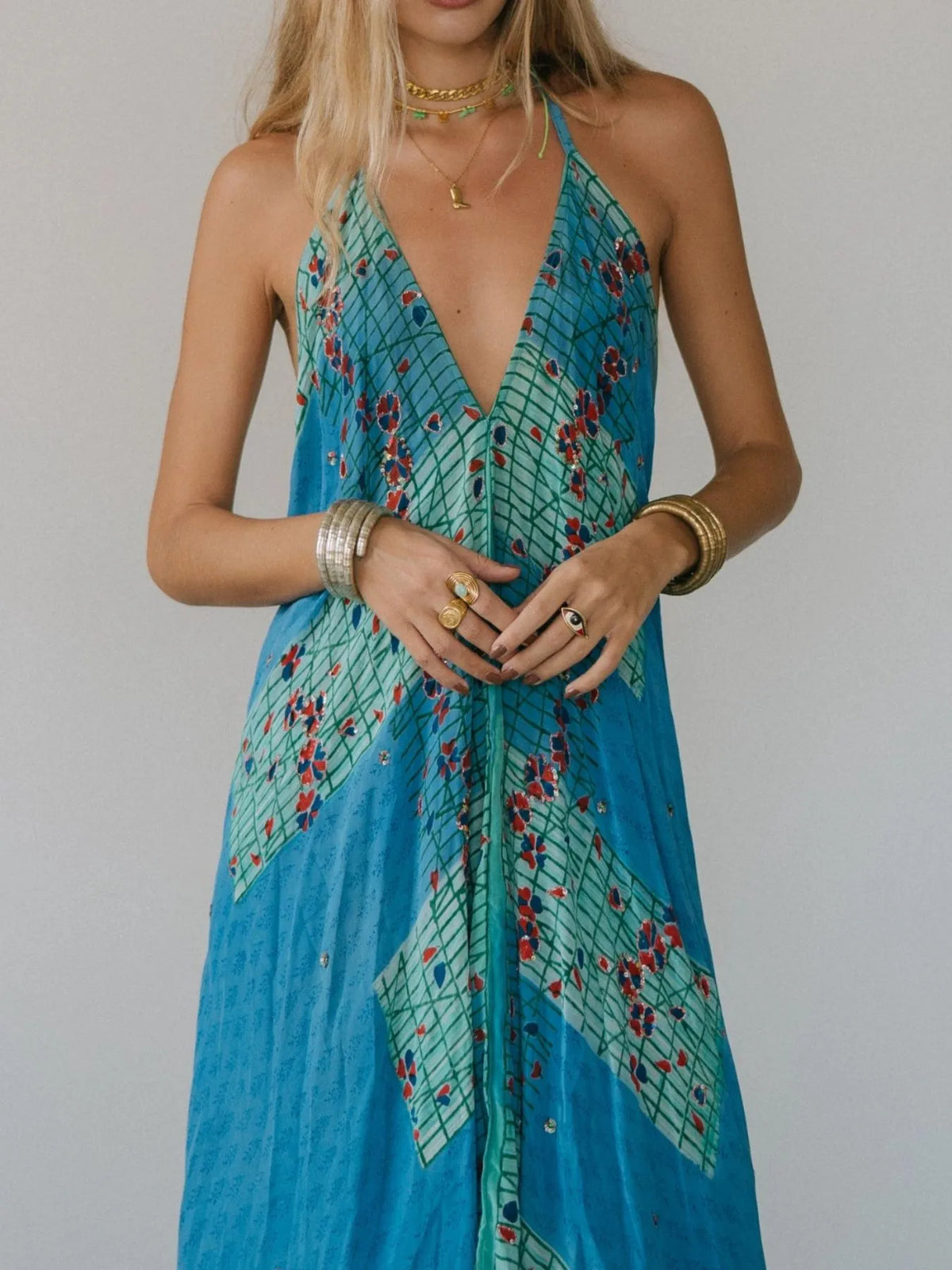 Printed Halter Neck Maxi Dress by Mystique Q