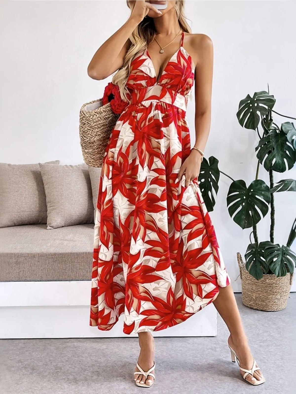 Crisscross Back Printed Midi Dress in Red