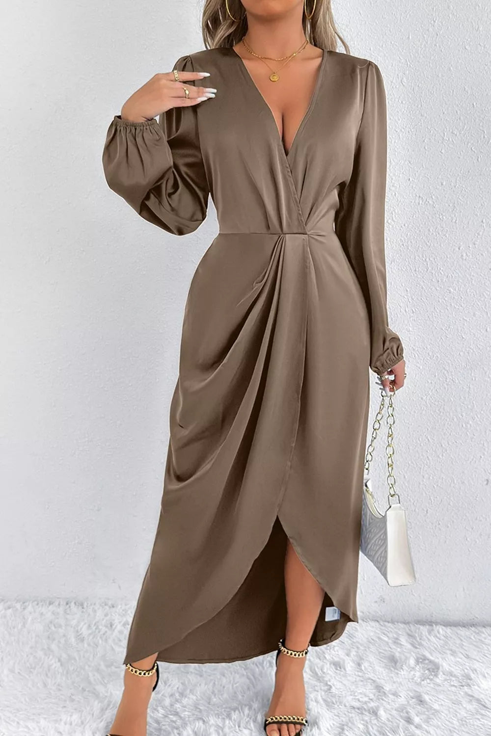 Satin Balloon Sleeve Midi Dress with Side Split