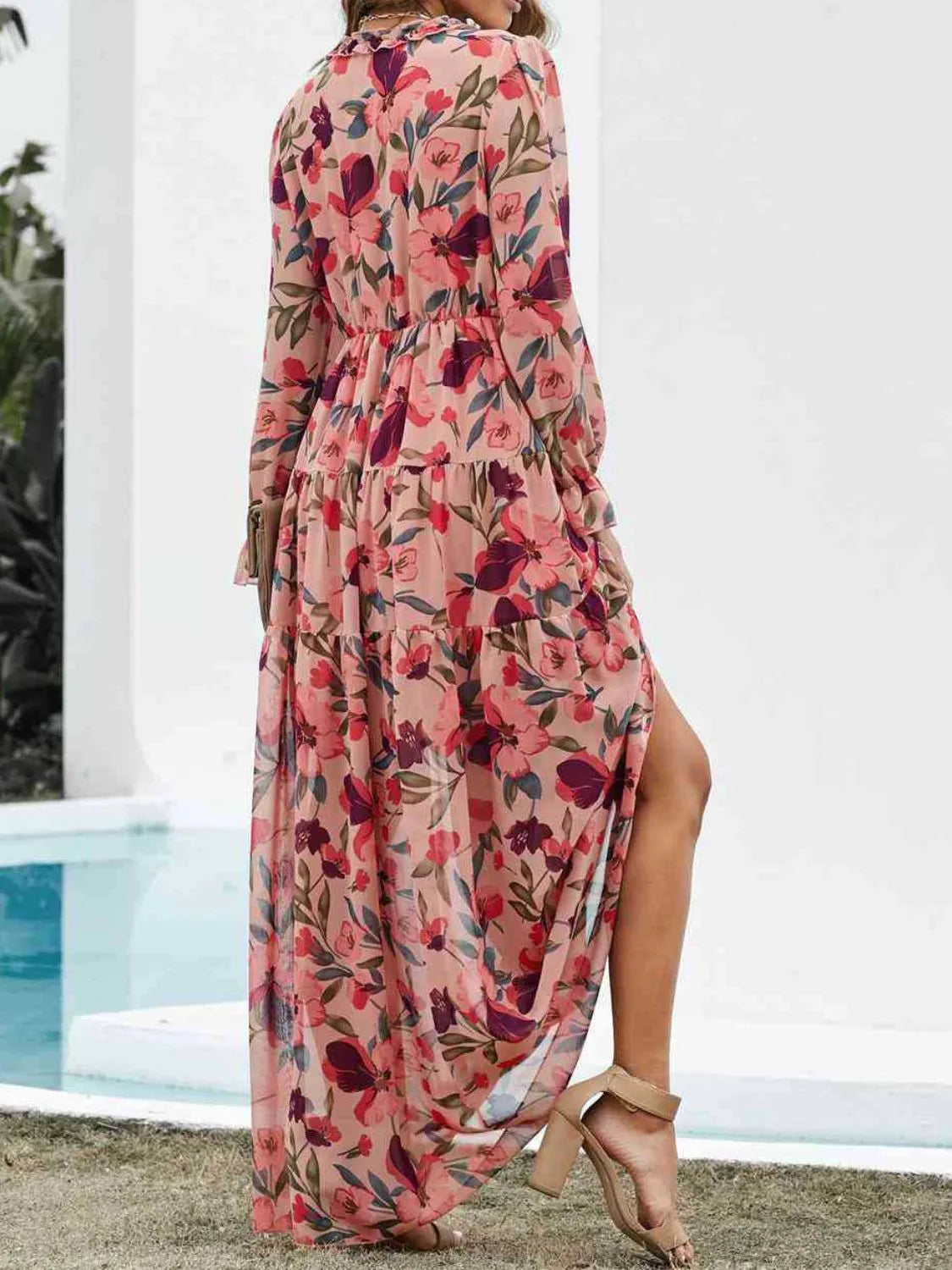 Frill V-Neck Flounce Sleeve Dress in Burnt Coral