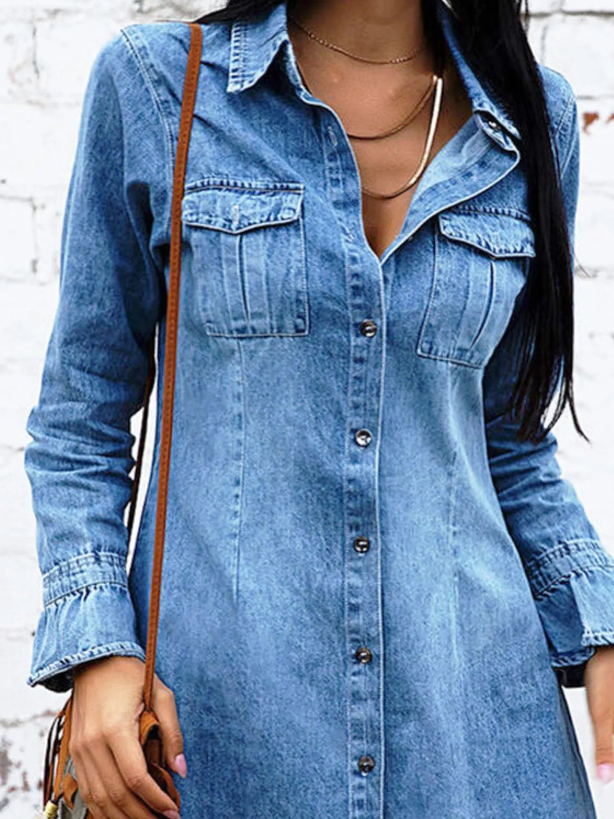 Button-Front Long Sleeve Denim Dress in Blue