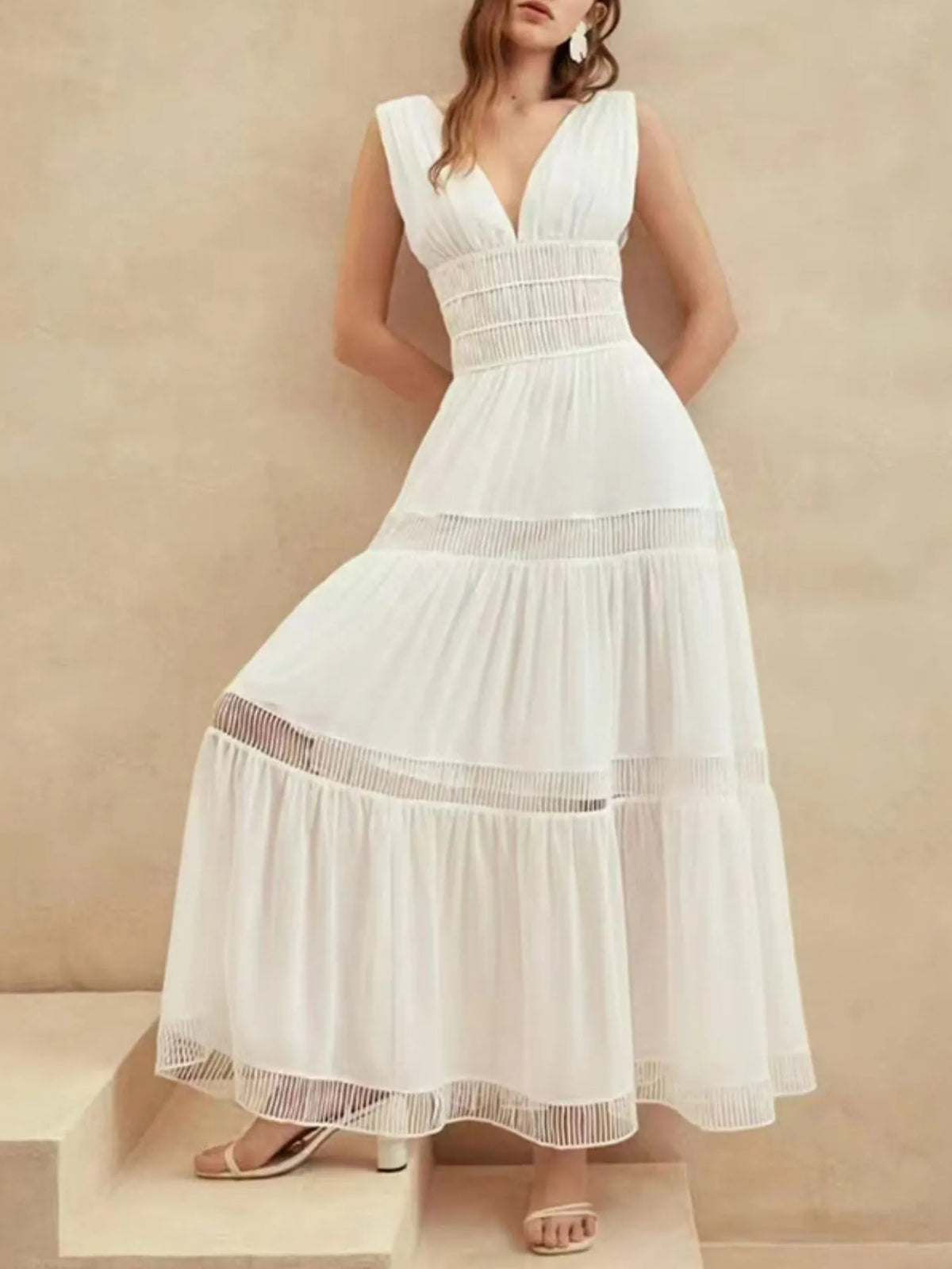 Smocked Tiered V-Neck Maxi Dress