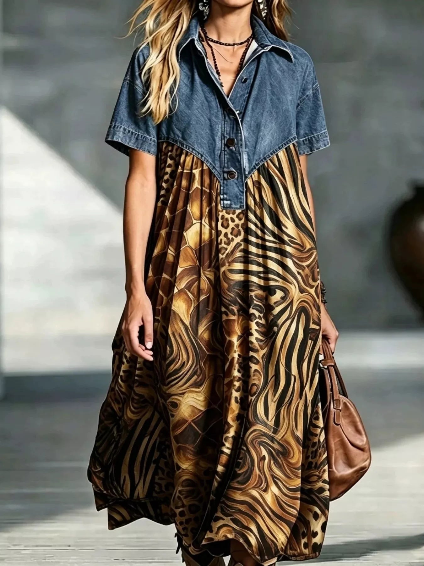 Denim Patchwork Print Shirt Dress