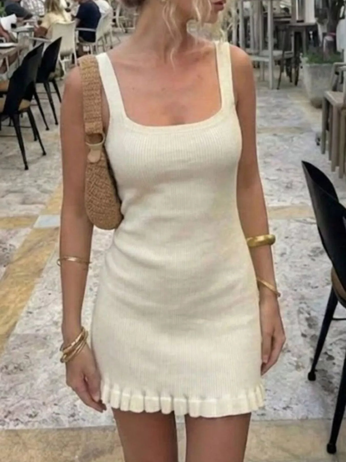 Ribbed Knit Square Neck Sweater Dress