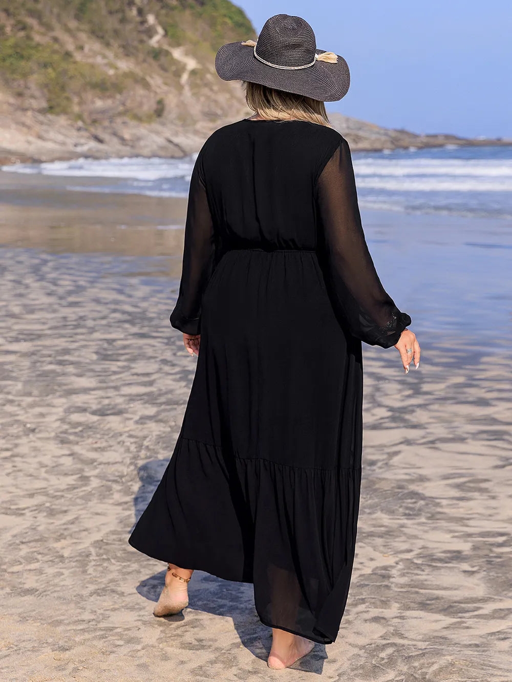 Embroidered Tie-Neck Long Sleeve Dress in Black
