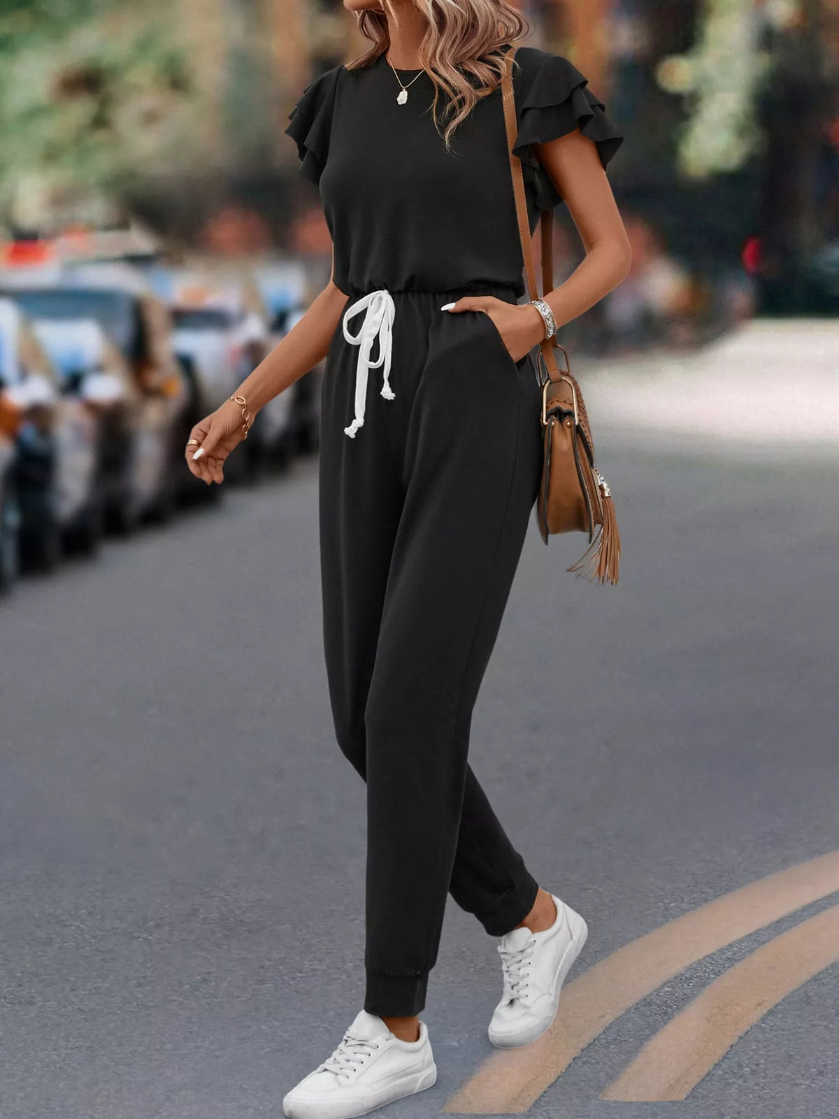 Ruffle Sleeve Drawstring Waist Jumpsuit in Black