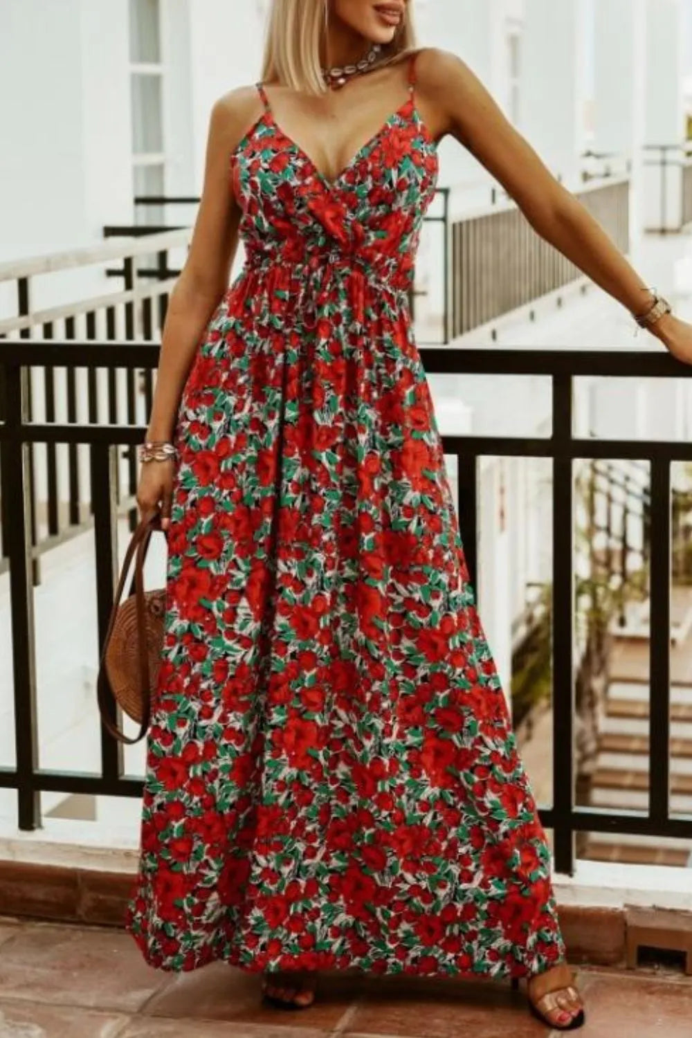 Smocked Spaghetti-Strap Printed Maxi Dress