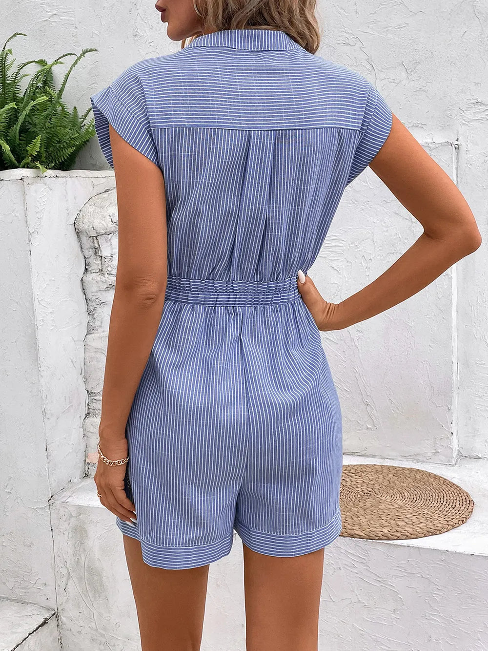 Notched Collar Striped Tie-Waist Romper