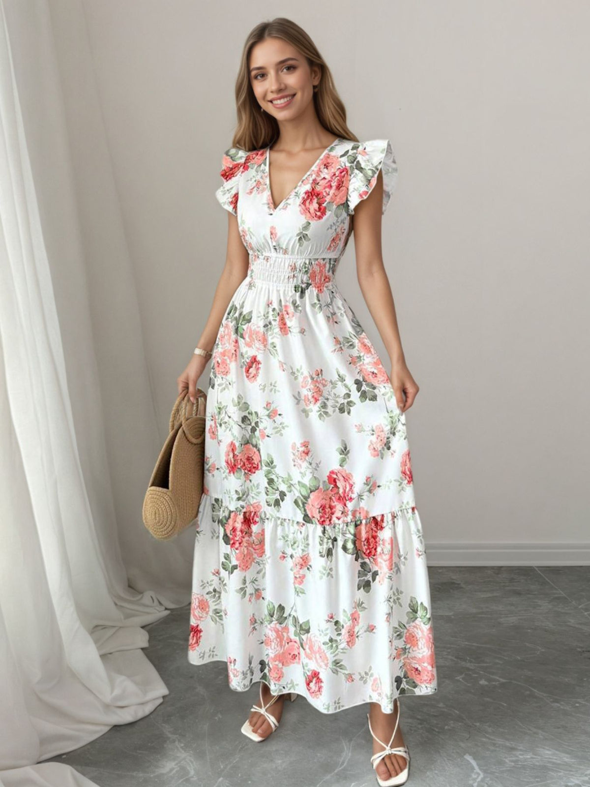 Ruffle Sleeve Tiered Maxi Dress in Floral