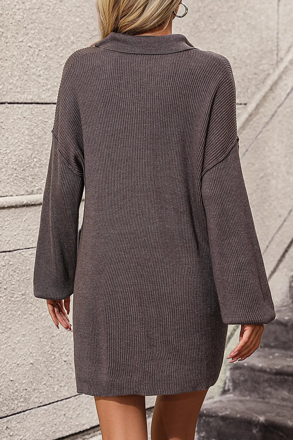 Collared Button-Front Sweater Dress with Pockets