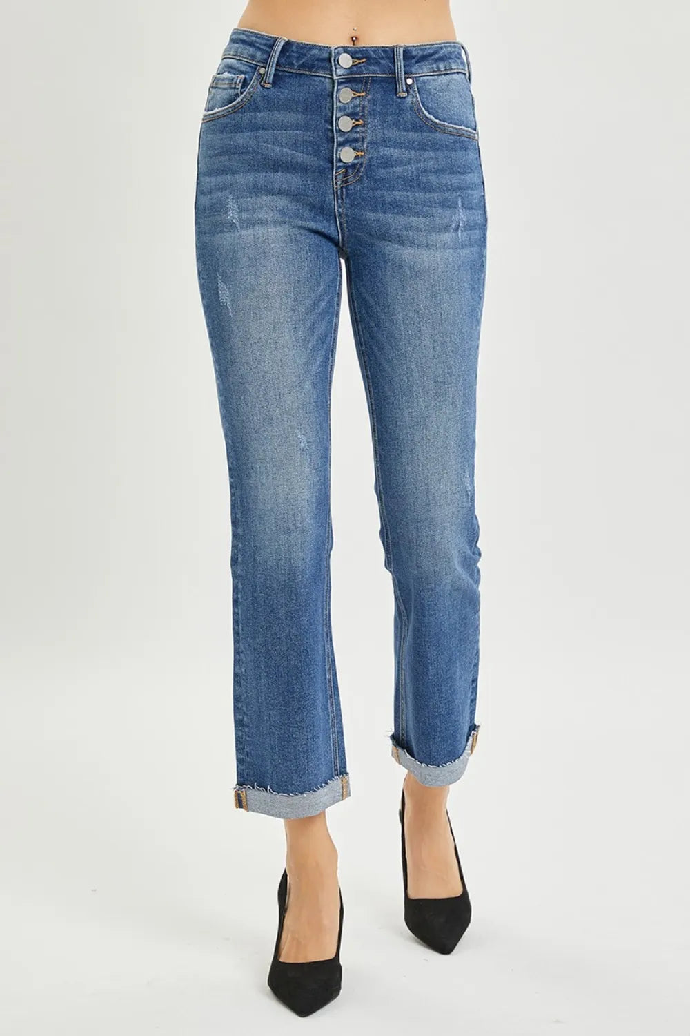 Risen Button Fly Cropped Bootcut Jeans in Dark Wash