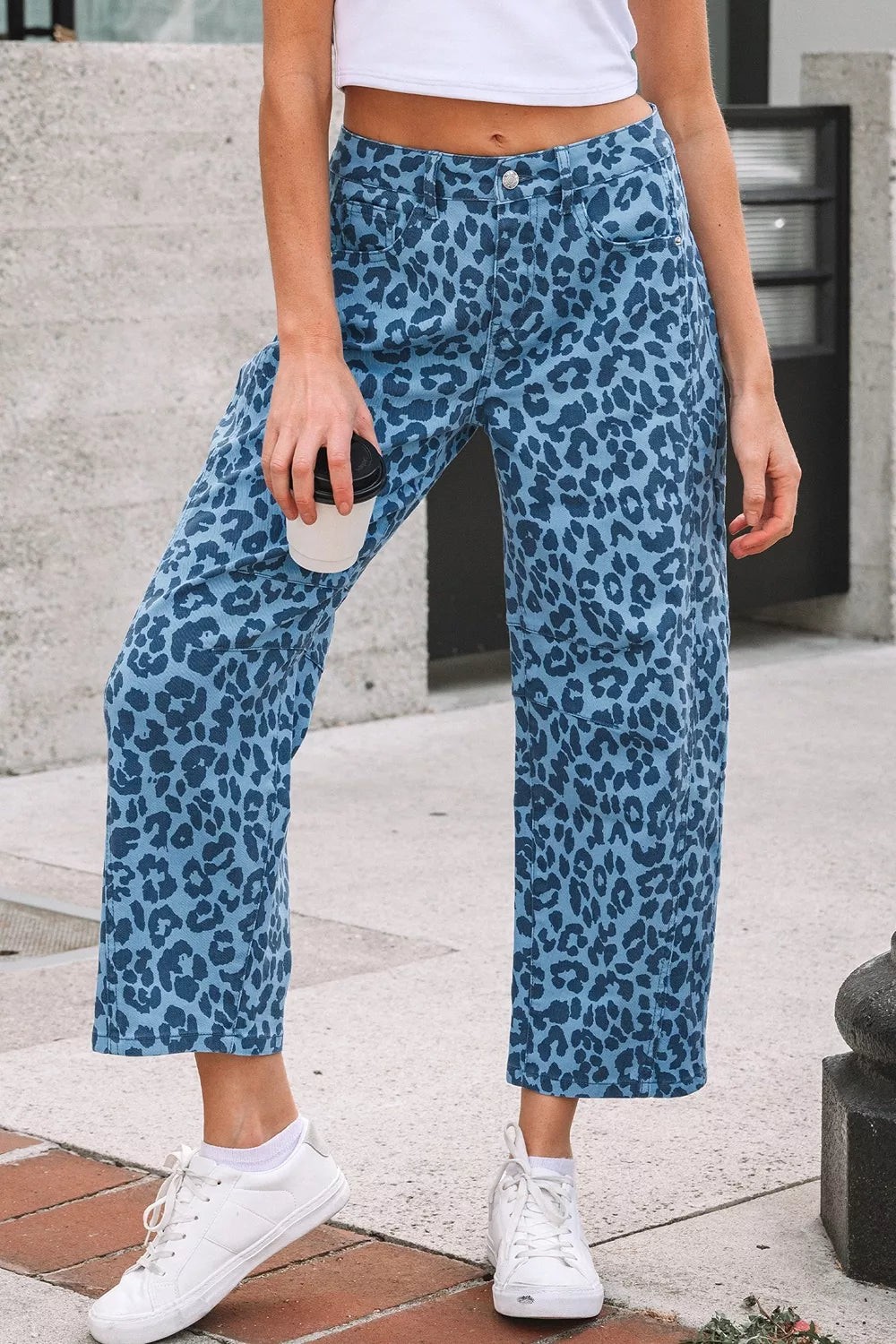 Leopard Print Barrel Leg Jeans in Cerulean