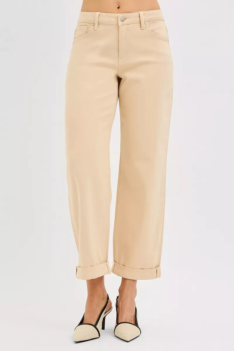 Risen Mid Rise Ankle Barrel Jeans in Butter Milk