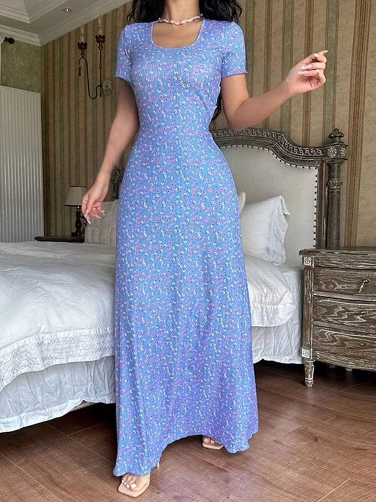 Floral Print Short Sleeve Maxi Dress
