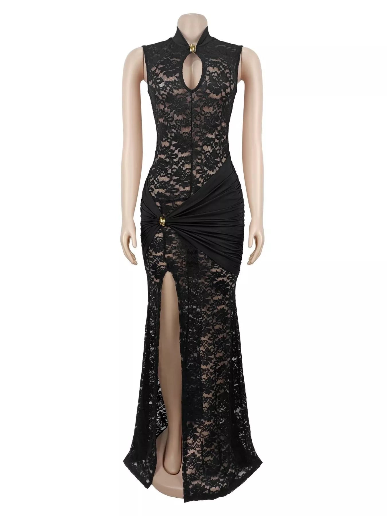 Lace Keyhole High-Slit Maxi Dress