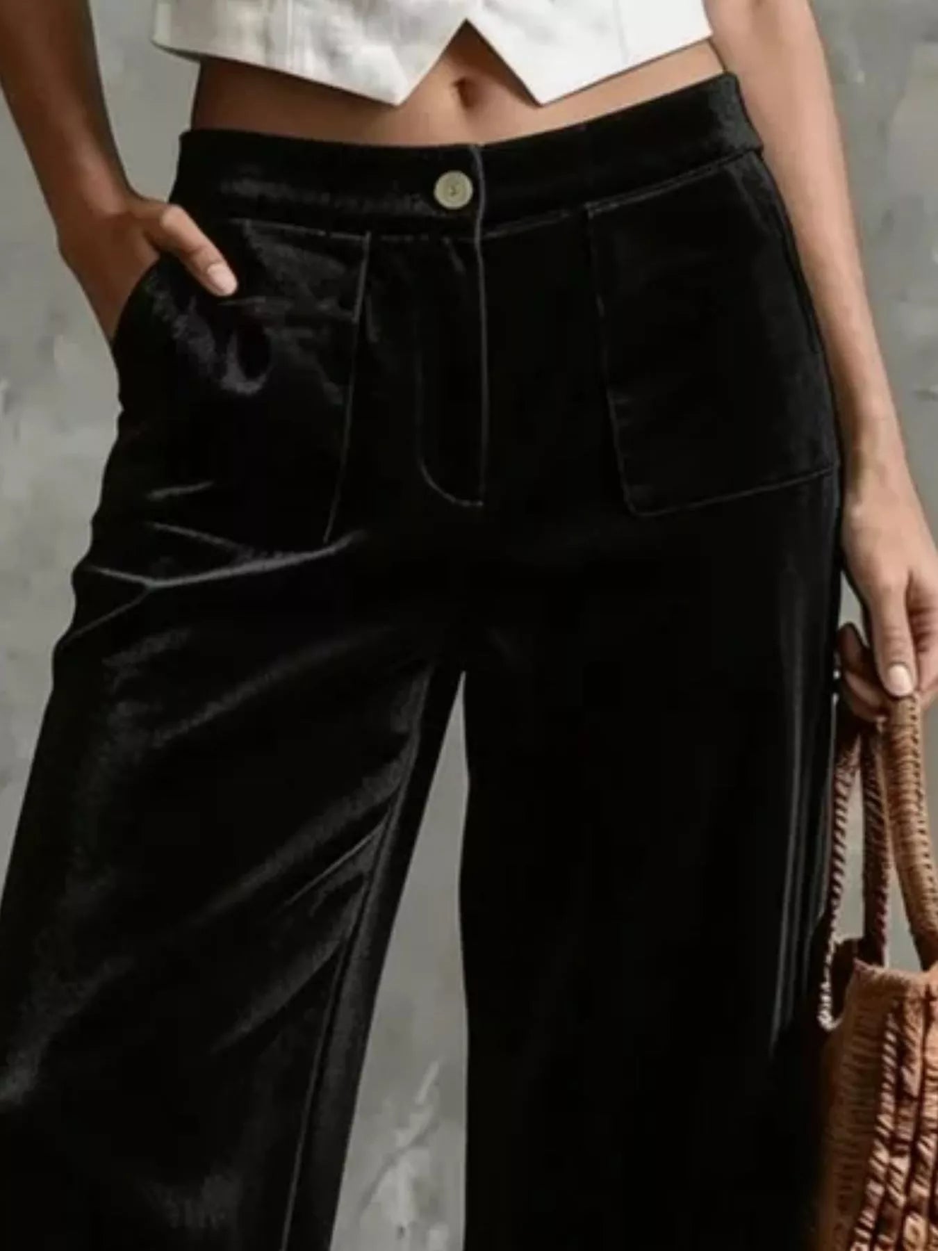 Velvet Wide-Leg Pants with Pockets