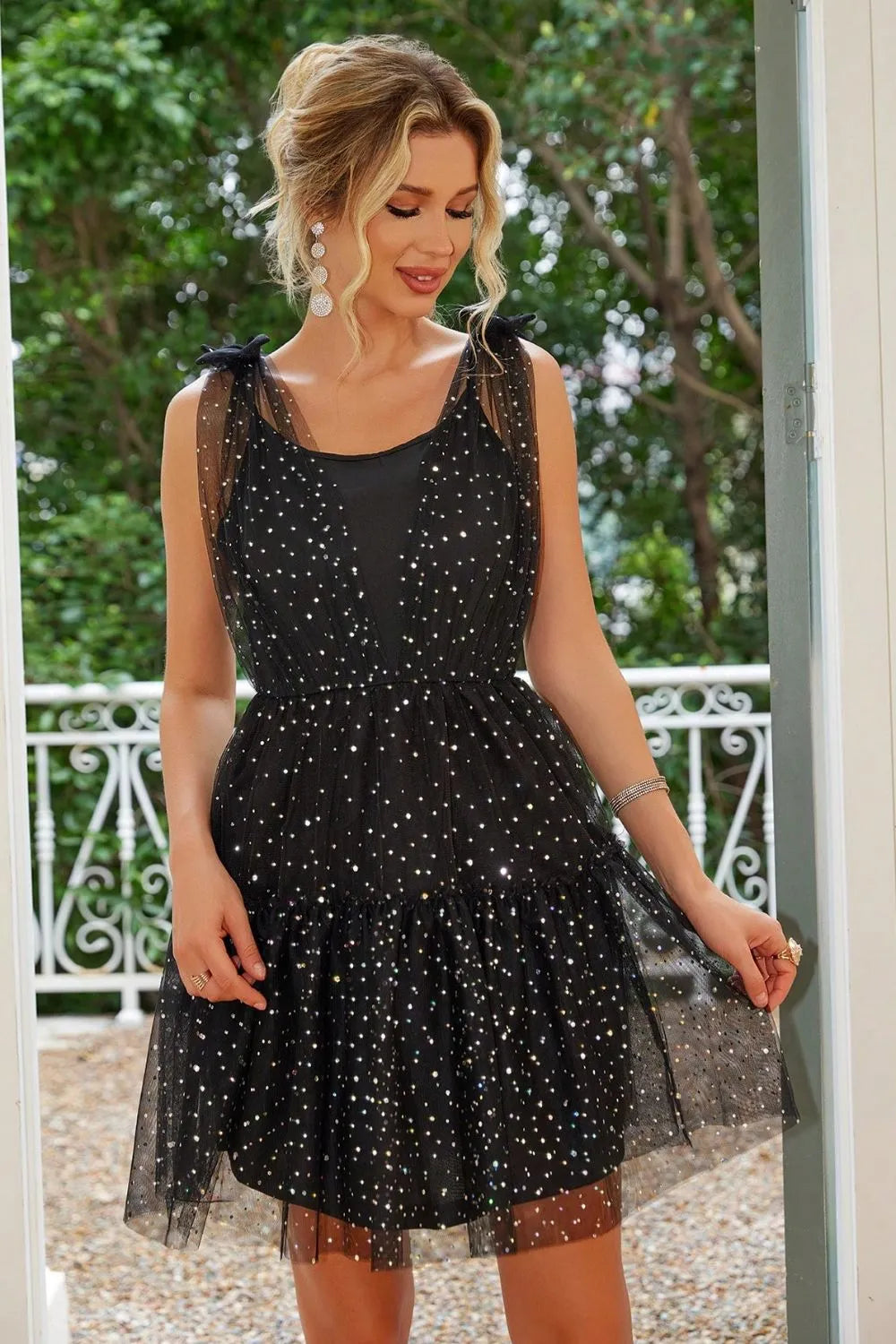 Tied Scoop Neck Mini Cami Dress in Black by Jubilair