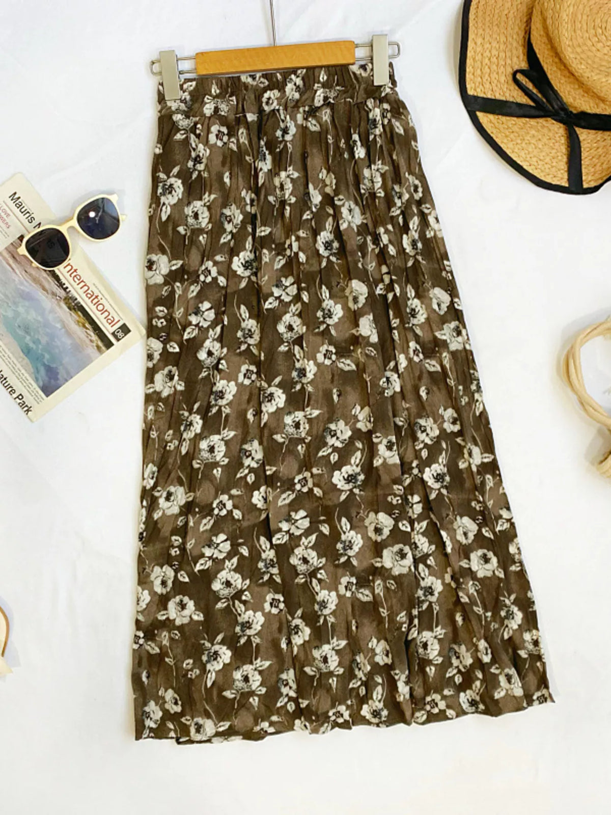 Floral Print Elastic-Waist Midi Skirt