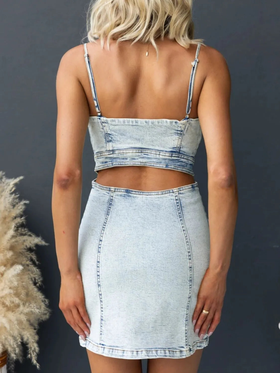 Cutout-Back Sweetheart Denim Cami Dress in Light Wash