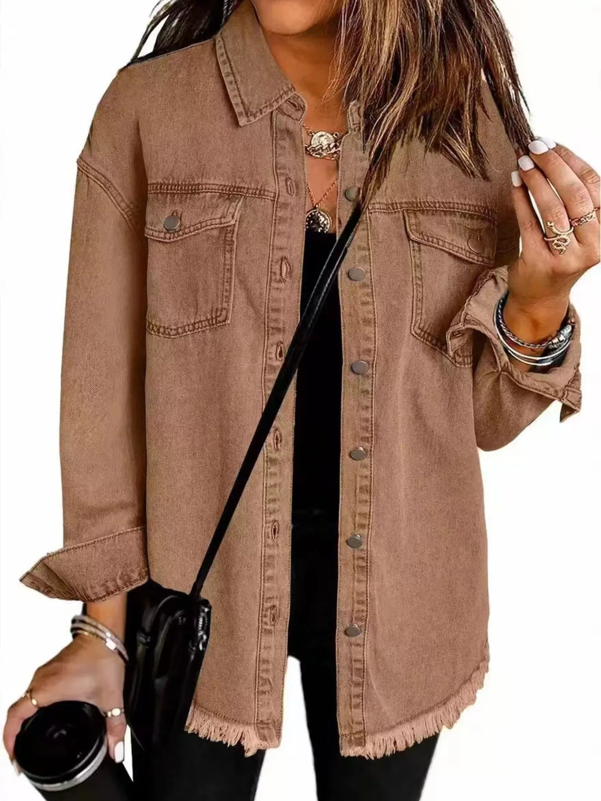 Frayed-Hem Button-Up Denim Jacket