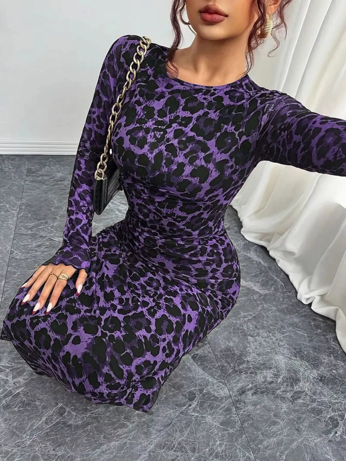 Leopard Print Ruched Bodycon Maxi Dress