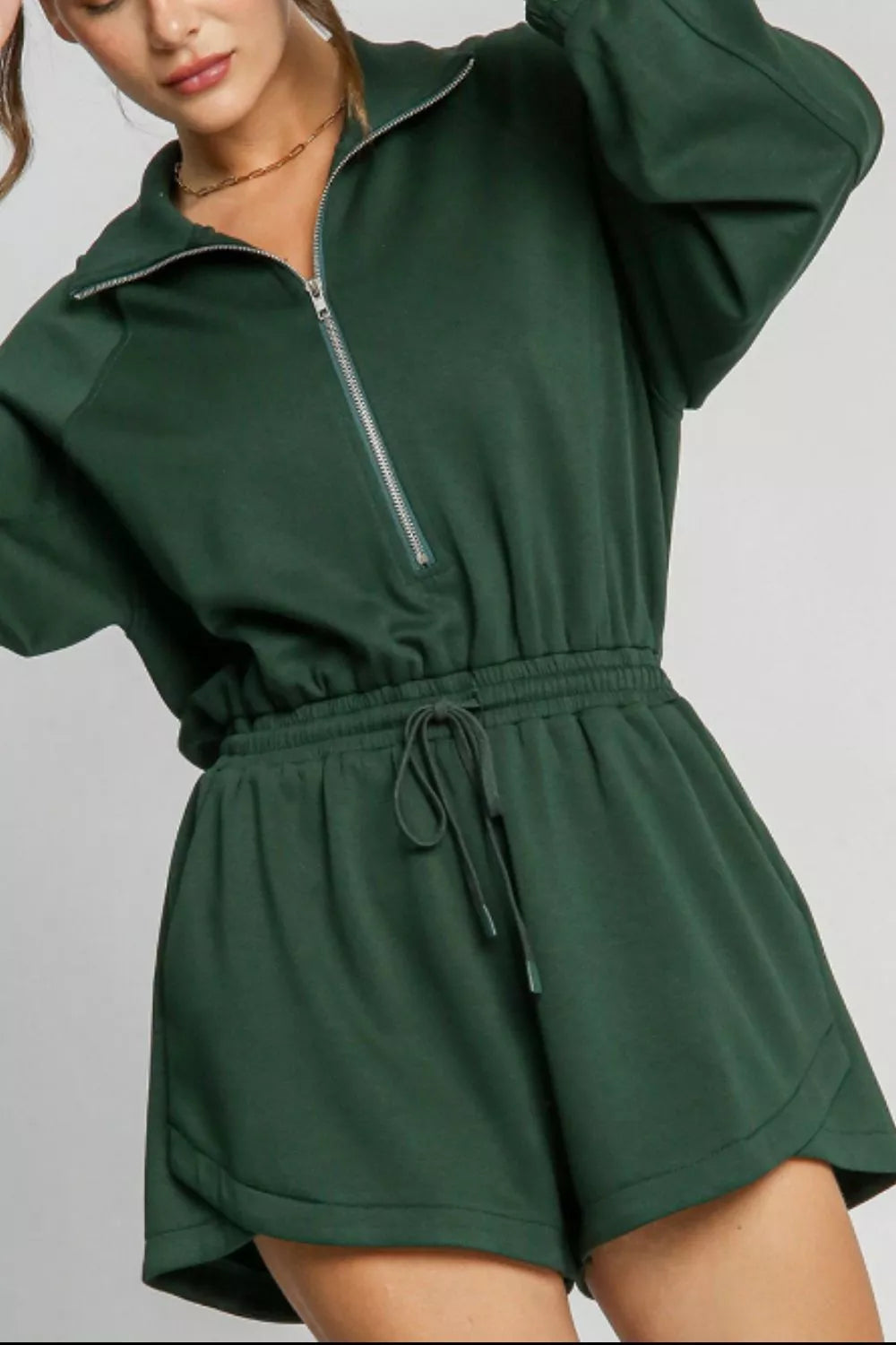 Drawstring Half-Zip Long Sleeve Romper in Dark Green