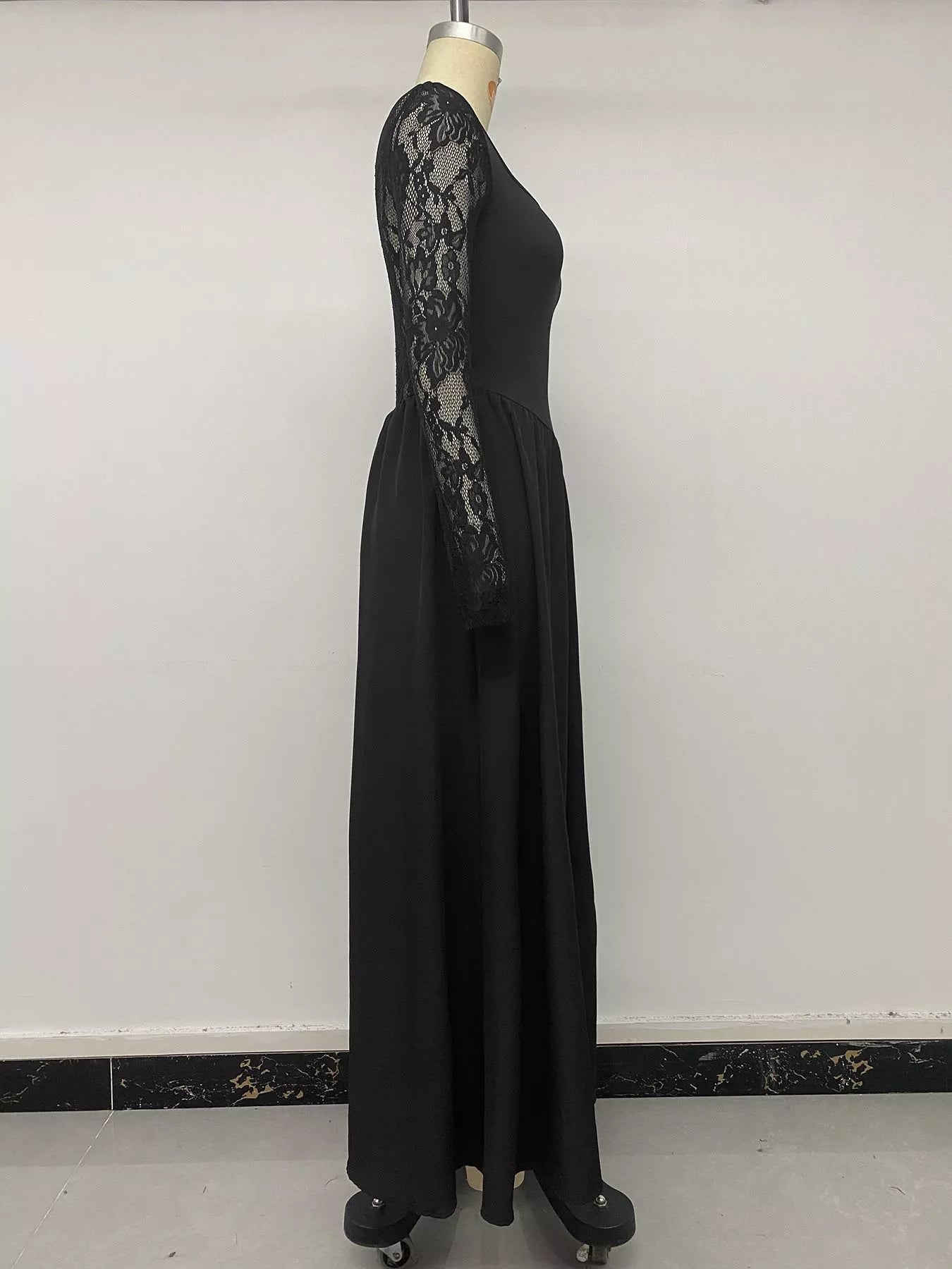 Square Neck Sheer Sleeve Maxi Dress in Black
