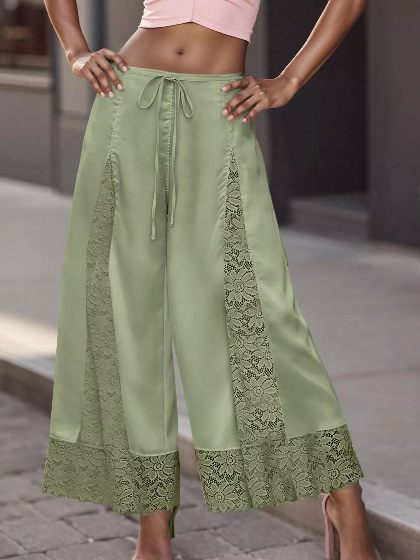 Lace-Trim Wide-Leg Cropped Pants